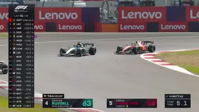 Расселл на Mercedes в атаке колесо в колесо по трассе.