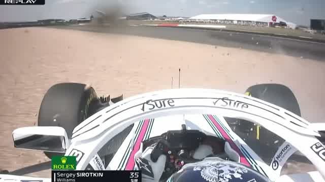 Sirotkin (Williams, 2018) — вылет в том же повороте, срыв на диффузоре